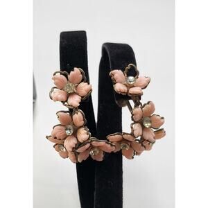 Vintage Pink Flower Dangle Earrings Rhinestone Screw Back Floral